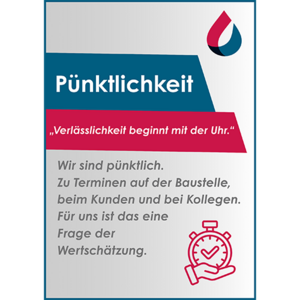 Ein Plakat mit dem Titel 'Pünktlichkeit', das die Bedeutung von Zuverlässigkeit und Wertschätzung betont.