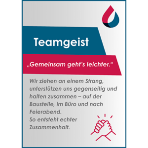 In der Grafik wird Teamgeist hervorgehoben, begleitet von einem motivierenden Zitat über gemeinsames Arbeiten und Zusammenhalt.
