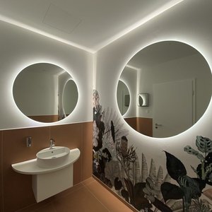 Ein modernes Badezimmer mit zwei runden Spiegeln, die sanft beleuchtet sind, und einer stilvollen Wandgestaltung mit Pflanzenmotiven.