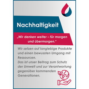 Ein Plakat über Nachhaltigkeit, das den Fokus auf umweltfreundliche Produkte und Ressourcenschutz legt.