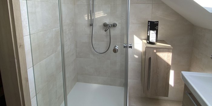 Das Badezimmer zeigt eine stilvolle Dusche mit einem Handbrausekopf und einem praktischen Reinigungsset auf dem Schrank.